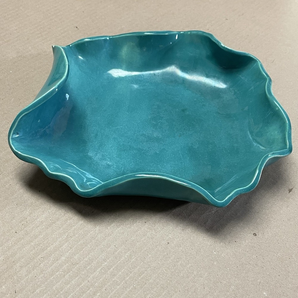 Handcrafted 11" Asymmetrical Ruffled Wavy Clay Bowl/Trinket Dish Sea-Foam Green